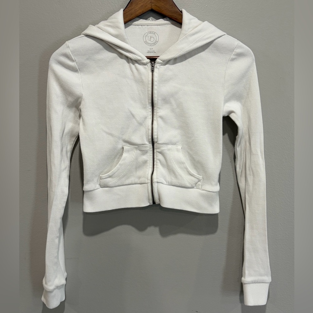 Urban Outfitters Cream Ribbed Cropped Zip Hoodie 98% Cotton Women’s S